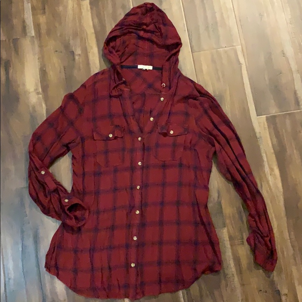 Burgundy Plaid Button-Up Hoodie Top